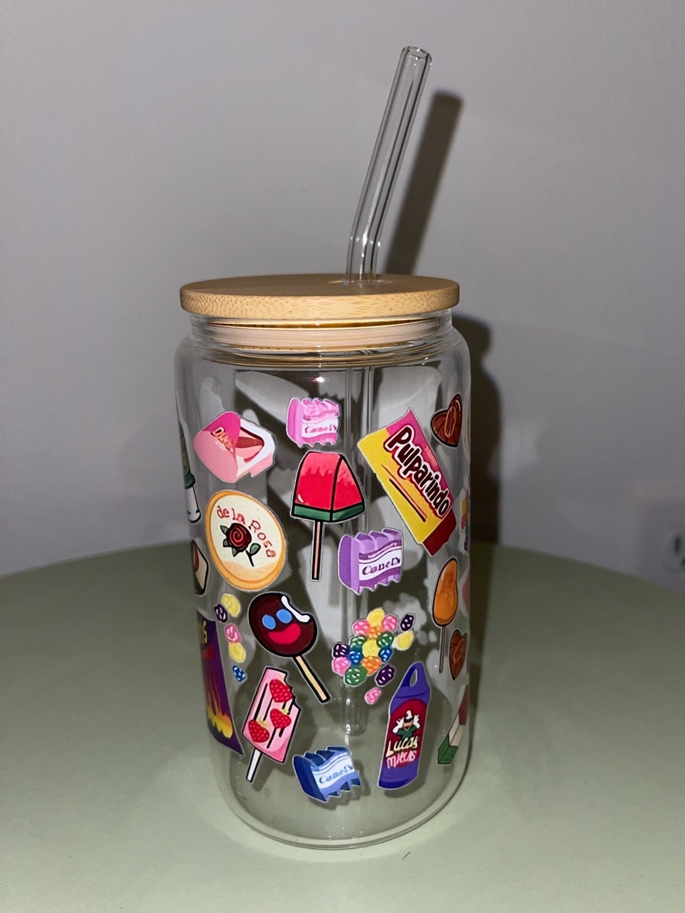 Candy Sticker Glass Jar Tumbler with Bamboo Lid & Straw - Clear